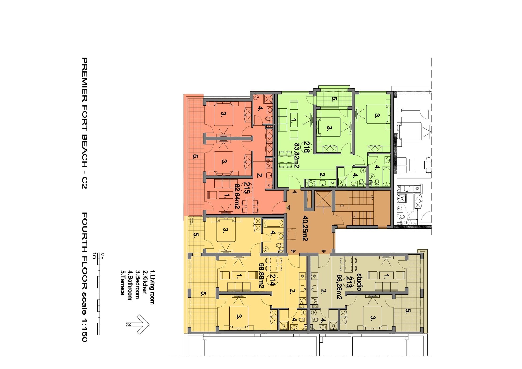 Půdorys podlaží — 3-pokojový apartmán — Premier Fort Beach · 214 — plán komplexu 1