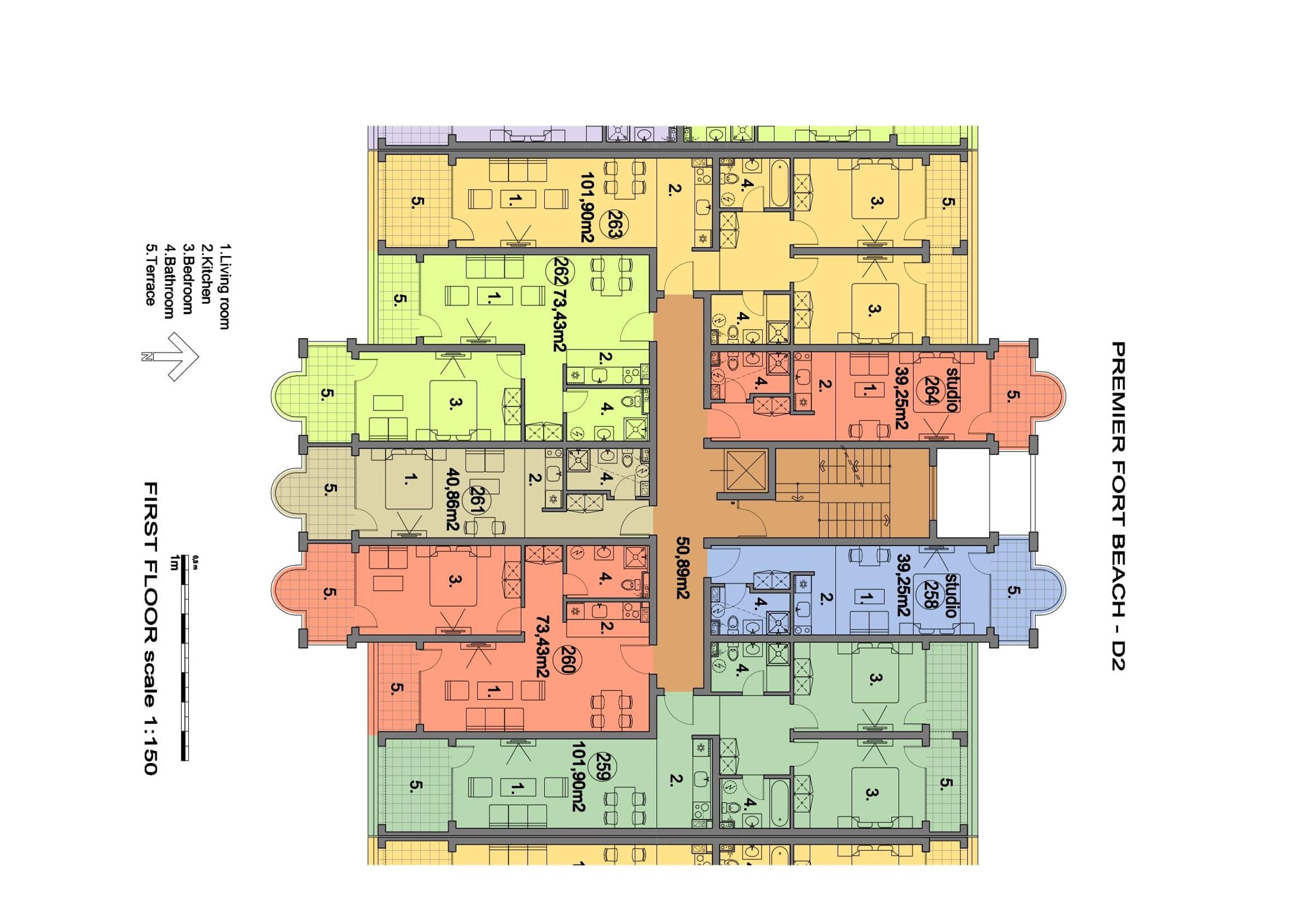 Rzut piętra — 2-pokojowy apartament w Premier Fort Beach — plan kompleksu 1