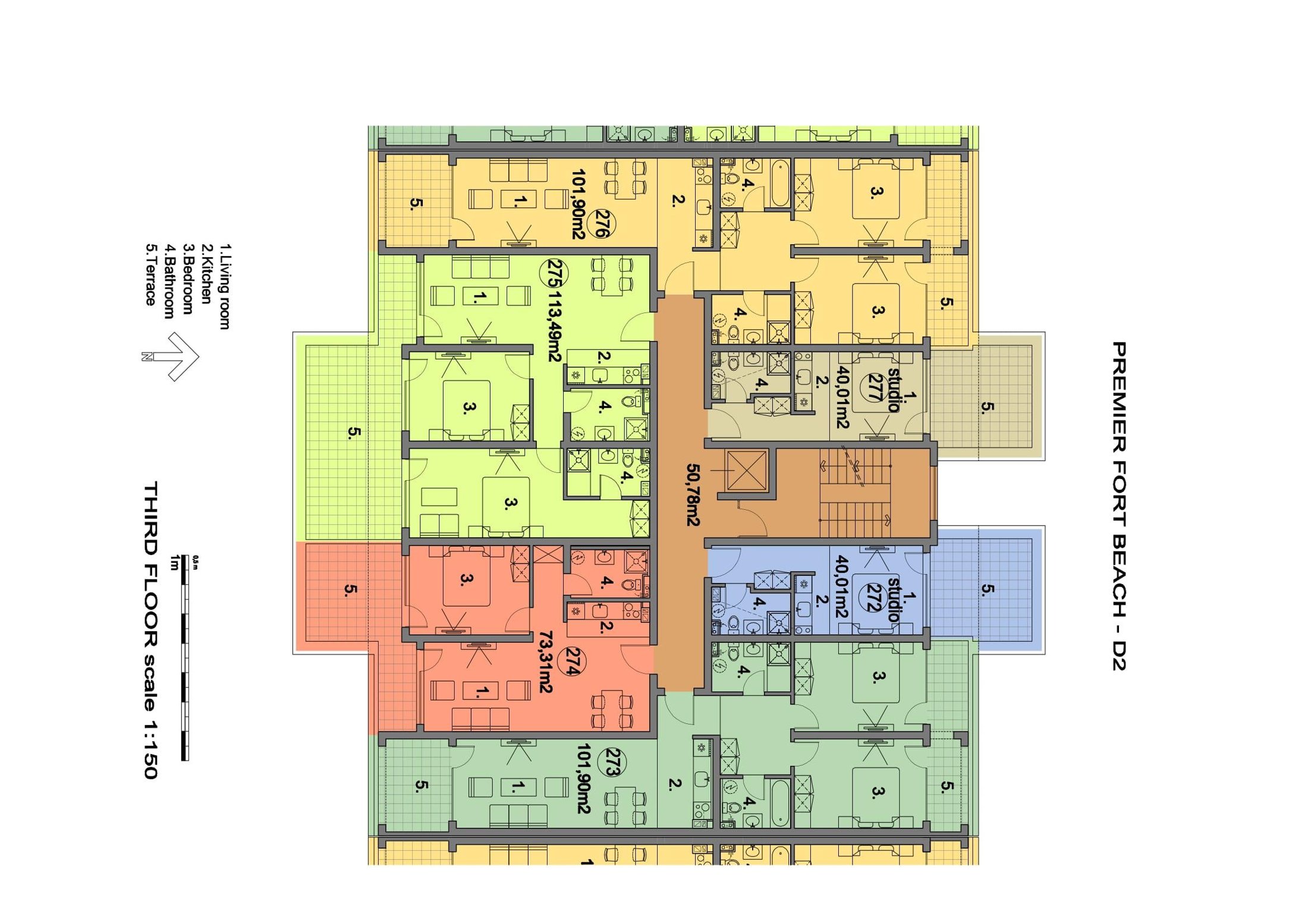 Rzut piętra — 3-pokojowy apartament w Premier Fort Beach — plan kompleksu 1