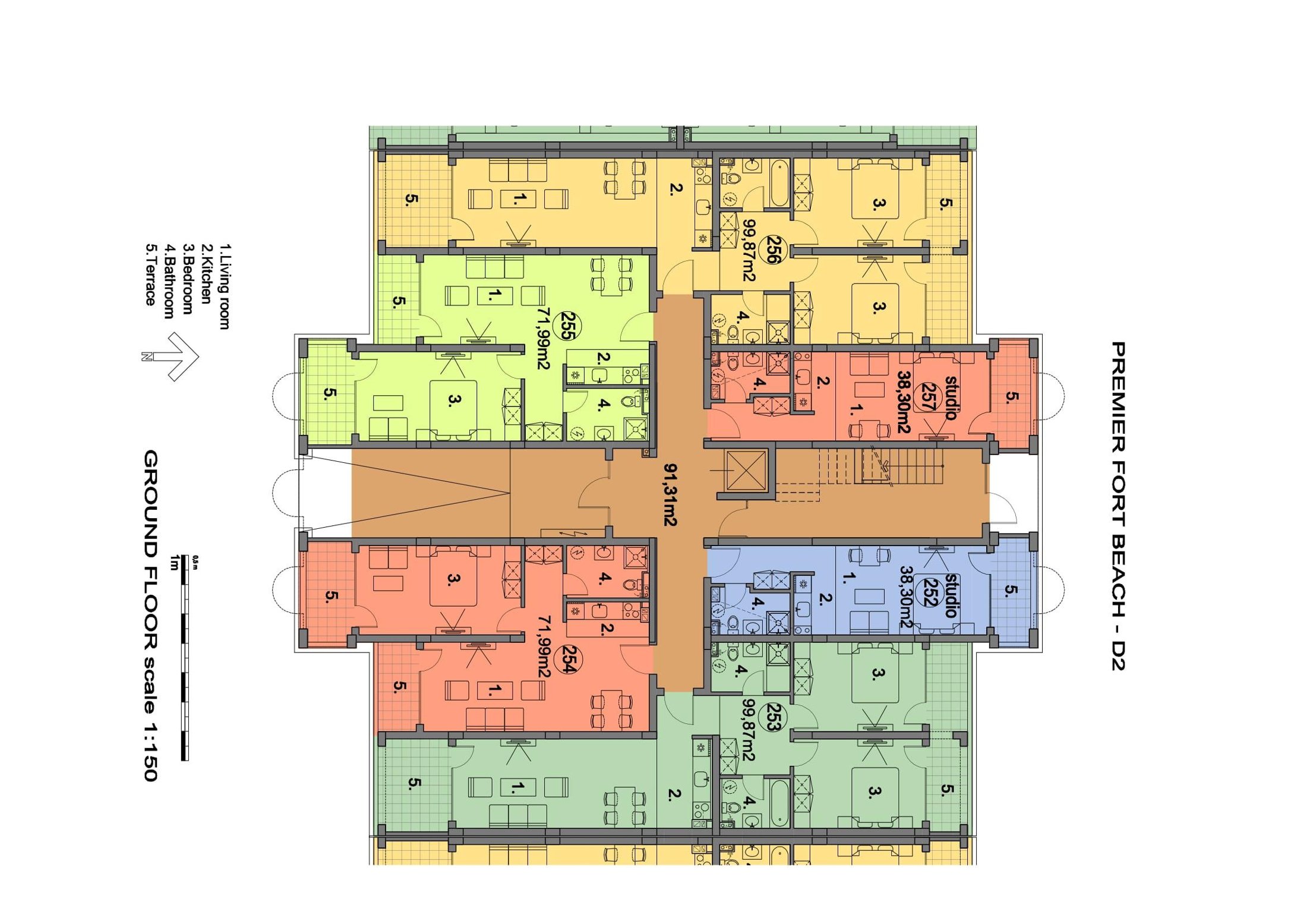 Rzut piętra — 2-pokojowy apartament w Premier Fort Beach — plan kompleksu 1