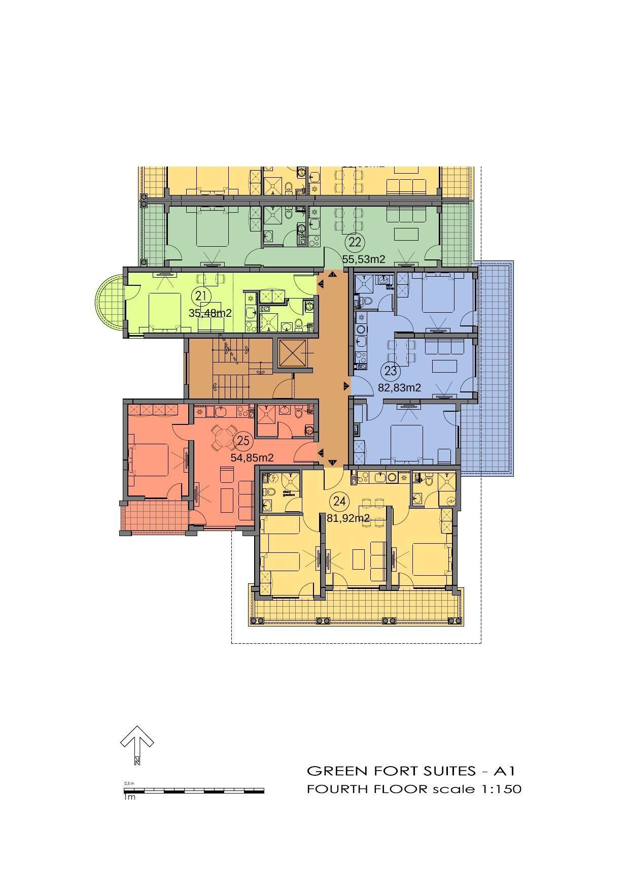 Půdorys podlaží — 2-pokojový apartmán — Green Fort Suites · 22 — plán komplexu 1