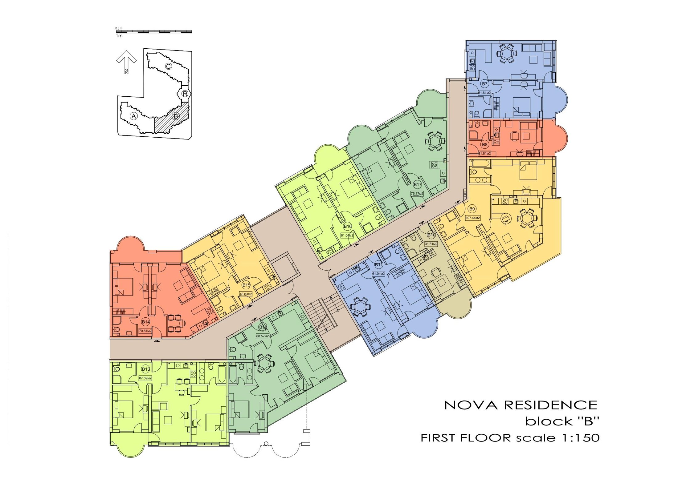 Rzut piętra — 3-pokojowy apartament w Nova Residence — plan kompleksu 1