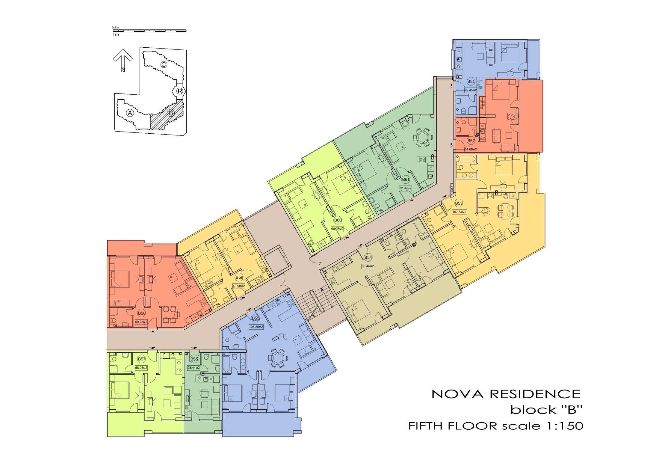 Rzut piętra — 3-pokojowy apartament w Nova Residence — plan kompleksu 1