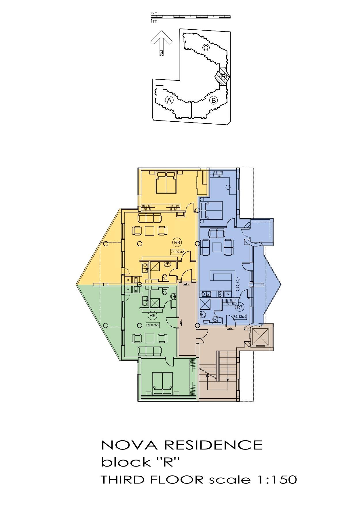 Rzut piętra — 3-pokojowy apartament w Nova Residence — plan kompleksu 1