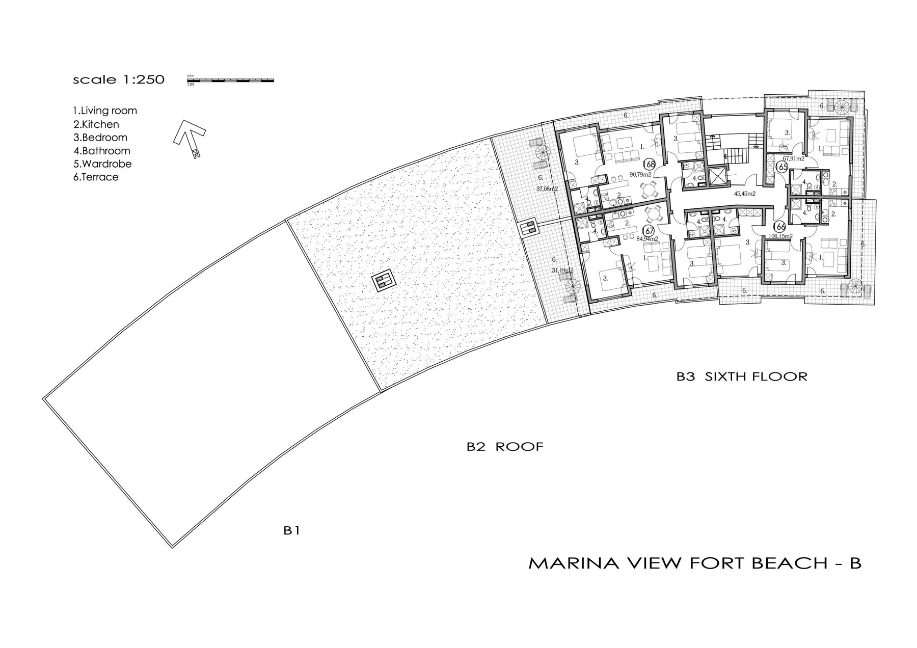 Rzut piętra — 2-pokojowy apartament w Marina View Fort Beach — plan kompleksu 1